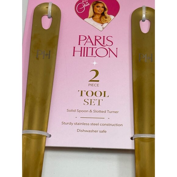 Paris Hilton 2-Piece Tool Set Gold Solid Spoon & Slotted Turner Stainless Steel - Picture 2 of 5
